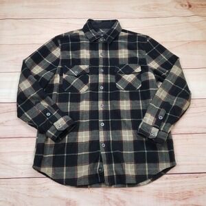 Freedom Foundry Flannel Mens Large Black Tan Plaid Fleece Shirt Jacket Shacket
